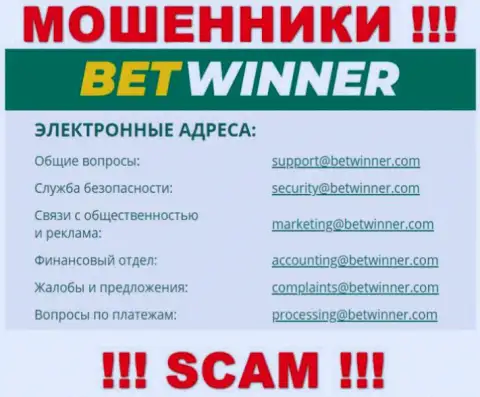 На онлайн-сервисе мошенников Bet Winner есть их е-мейл, но писать сообщение не рекомендуем