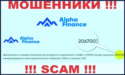 Номер лицензии Alpha-Finance, на их ресурсе, не сумеет помочь уберечь Ваши финансовые средства от воровства