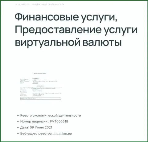 Лицензия интернет-компании BTCBit на оказание услуг с электронными деньгами