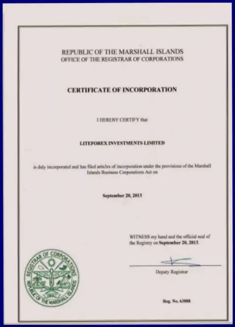 Регистрационный документ форекс брокерской организации LiteForex Investments Limited