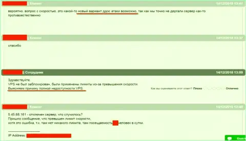 Интернет-переписка с тех. поддержкой хостинговой компании, где и хостится веб-портал ffin.xyz, по сложившейся ситуации с блокировкой веб-сервера